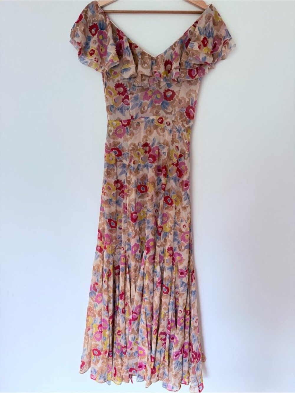 NEW DOEN Amerelle Silk Long Dress Jardin De Camelias Beige Pink Floral US XS - Picture 10 of 16